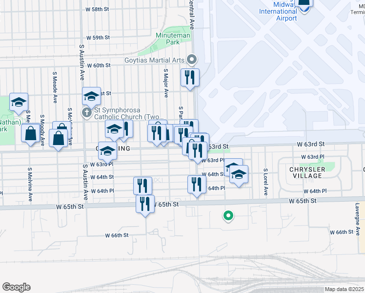 map of restaurants, bars, coffee shops, grocery stores, and more near 5646 West 63rd Street in Chicago