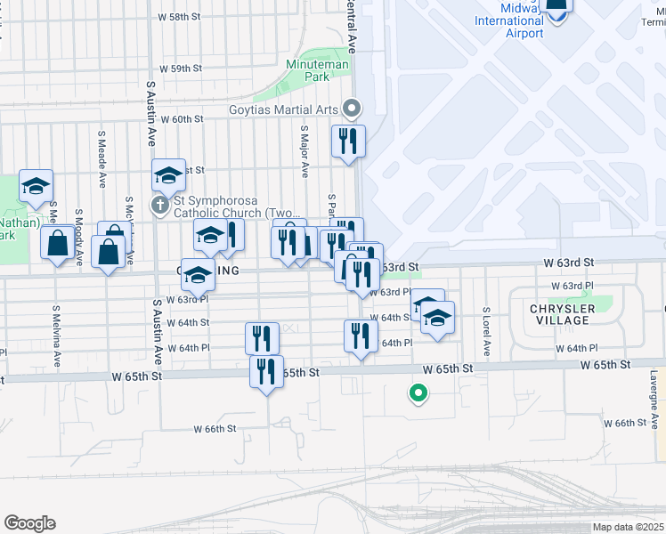 map of restaurants, bars, coffee shops, grocery stores, and more near 5646 West 63rd Street in Chicago