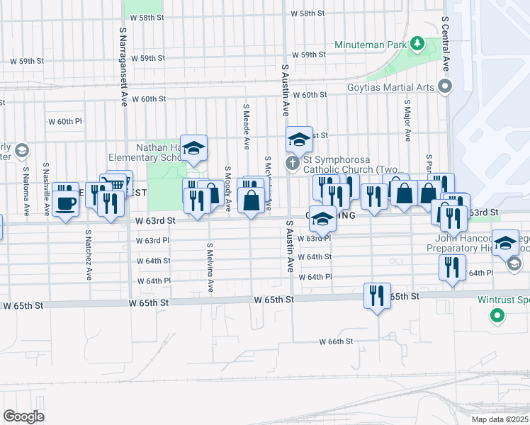 map of restaurants, bars, coffee shops, grocery stores, and more near 6024 West 63rd Street in Chicago