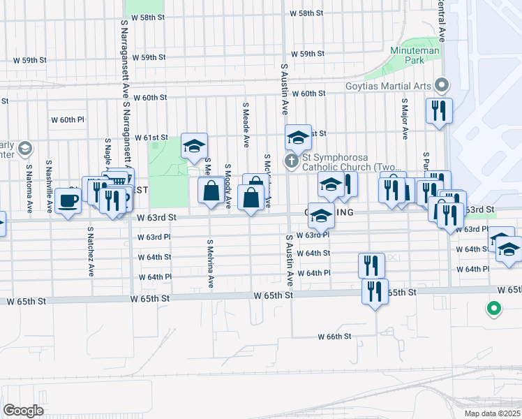 map of restaurants, bars, coffee shops, grocery stores, and more near 6024 West 63rd Street in Chicago