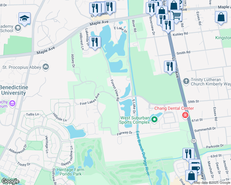 map of restaurants, bars, coffee shops, grocery stores, and more near 5880 Forest View Road in Lisle