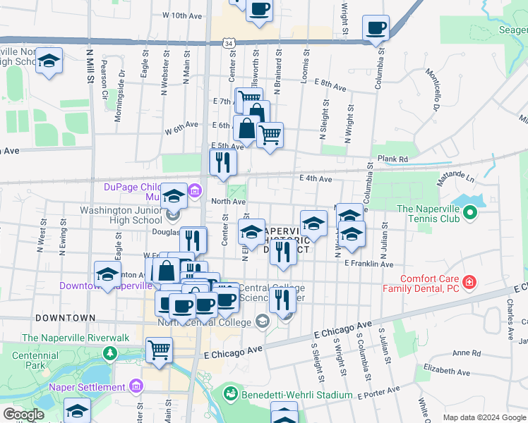 map of restaurants, bars, coffee shops, grocery stores, and more near 214 North Ellsworth Street in Naperville