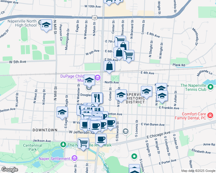 map of restaurants, bars, coffee shops, grocery stores, and more near 214 Center Street in Naperville