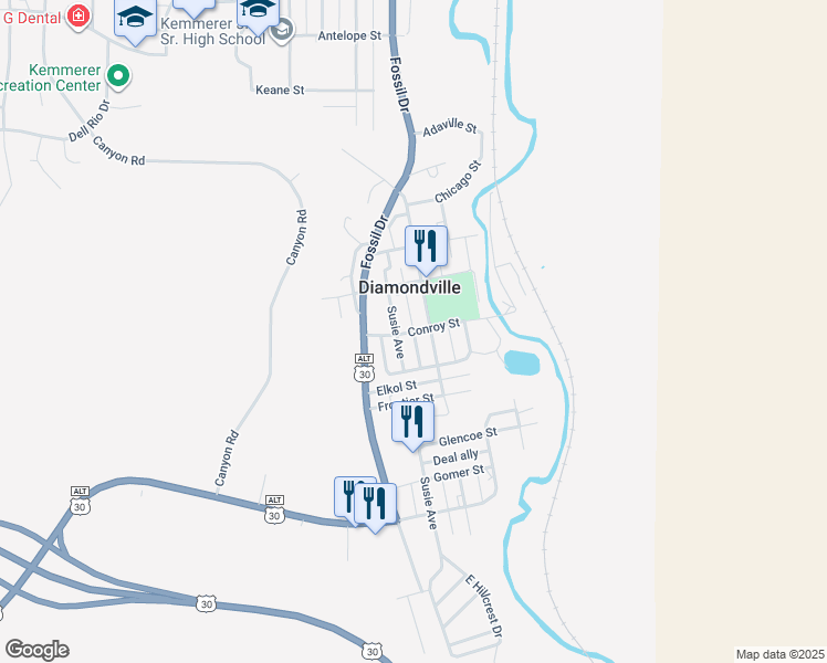 map of restaurants, bars, coffee shops, grocery stores, and more near 19 Conroy Street in Diamondville