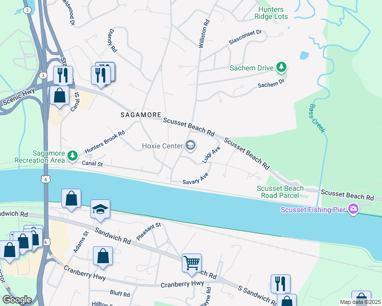map of restaurants, bars, coffee shops, grocery stores, and more near 30 Williston Road in Bourne
