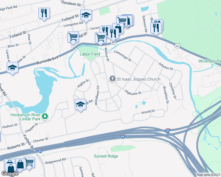 map of restaurants, bars, coffee shops, grocery stores, and more near 83 Cannon Road in East Hartford