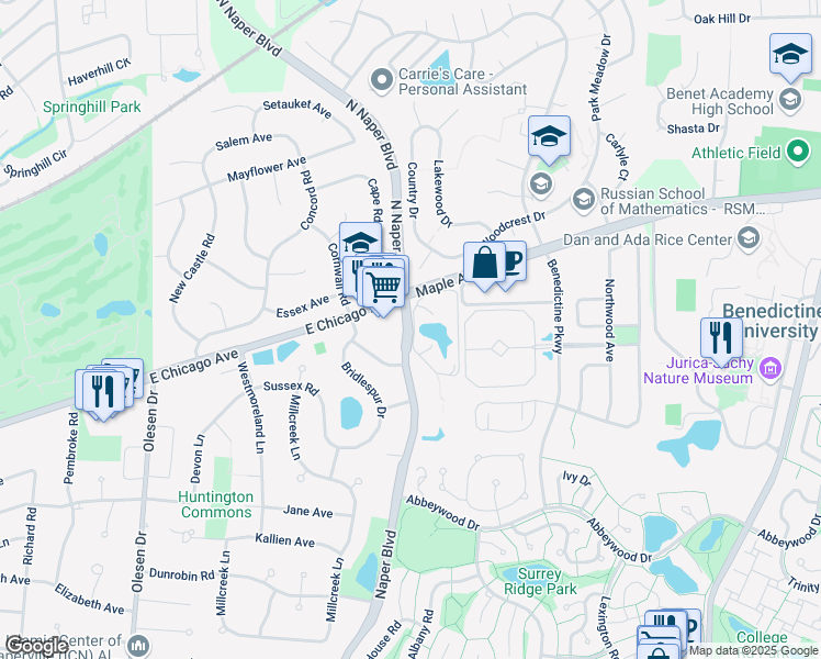 map of restaurants, bars, coffee shops, grocery stores, and more near 6S410 Naper Boulevard in Naperville