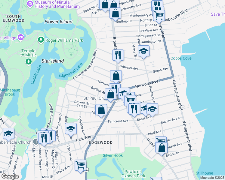 map of restaurants, bars, coffee shops, grocery stores, and more near 228 Norwood Avenue in Cranston