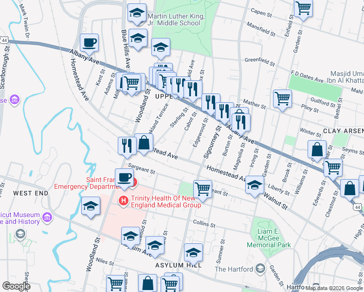 map of restaurants, bars, coffee shops, grocery stores, and more near 18-20 Cabot Street in Hartford