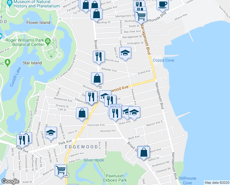 map of restaurants, bars, coffee shops, grocery stores, and more near 178 Norwood Avenue in Cranston