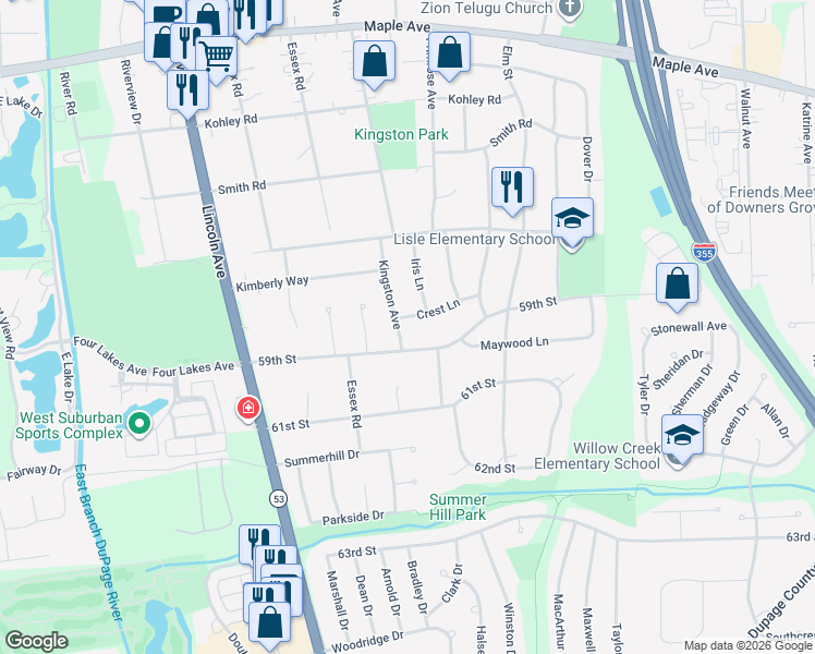 map of restaurants, bars, coffee shops, grocery stores, and more near 709 Crest Lane in Lisle
