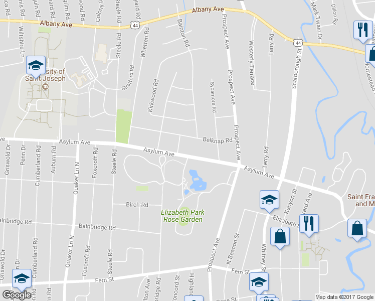 map of restaurants, bars, coffee shops, grocery stores, and more near 1560 Asylum Avenue in West Hartford