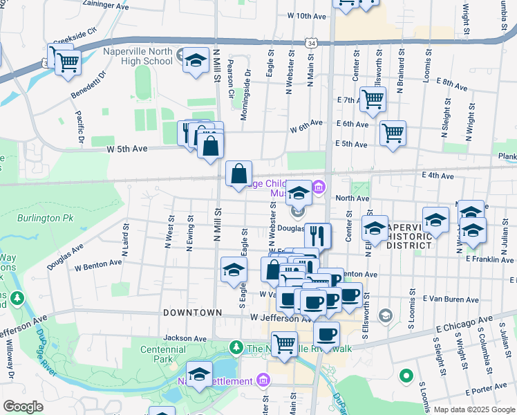map of restaurants, bars, coffee shops, grocery stores, and more near 226 Spring Avenue in Naperville