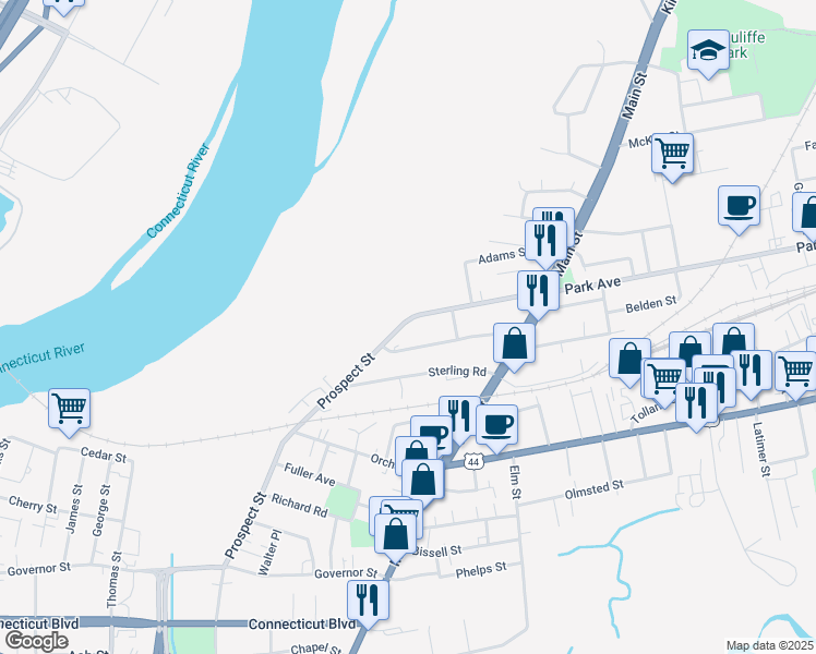 map of restaurants, bars, coffee shops, grocery stores, and more near 109 Prospect Street in East Hartford