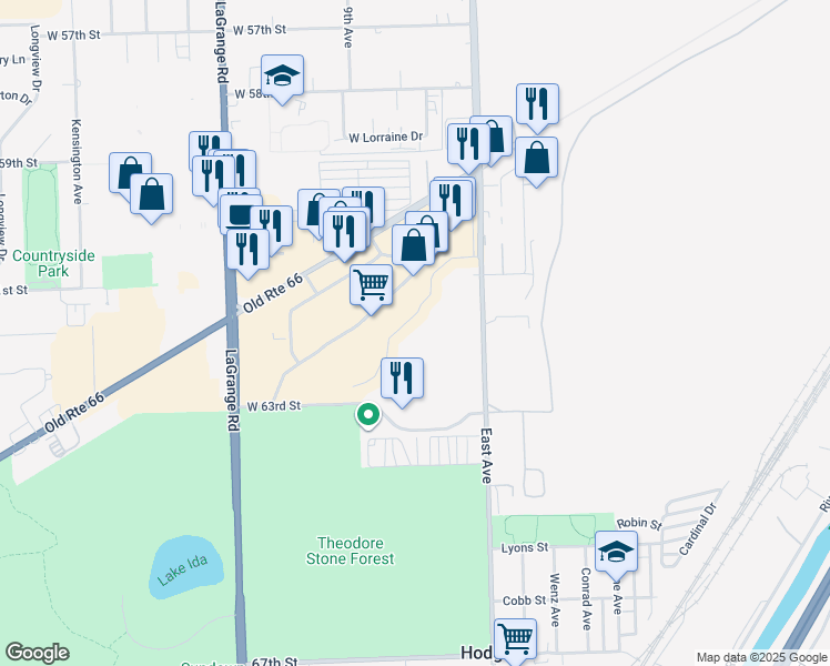map of restaurants, bars, coffee shops, grocery stores, and more near 9350 Joliet Road in Hodgkins