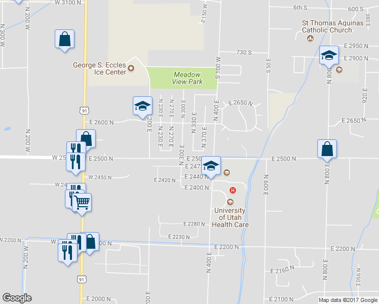 map of restaurants, bars, coffee shops, grocery stores, and more near 2519 North 330 East in North Logan