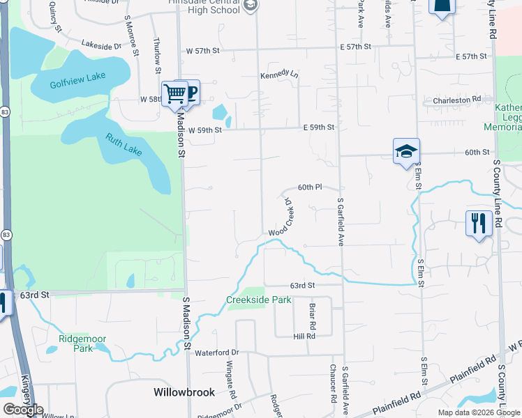 map of restaurants, bars, coffee shops, grocery stores, and more near 6100 South Grant Street in Burr Ridge