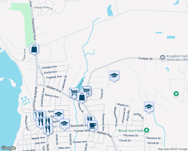 map of restaurants, bars, coffee shops, grocery stores, and more near 6 Lunn Street in East Providence