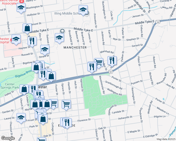 map of restaurants, bars, coffee shops, grocery stores, and more near 267 East Center Street in Manchester