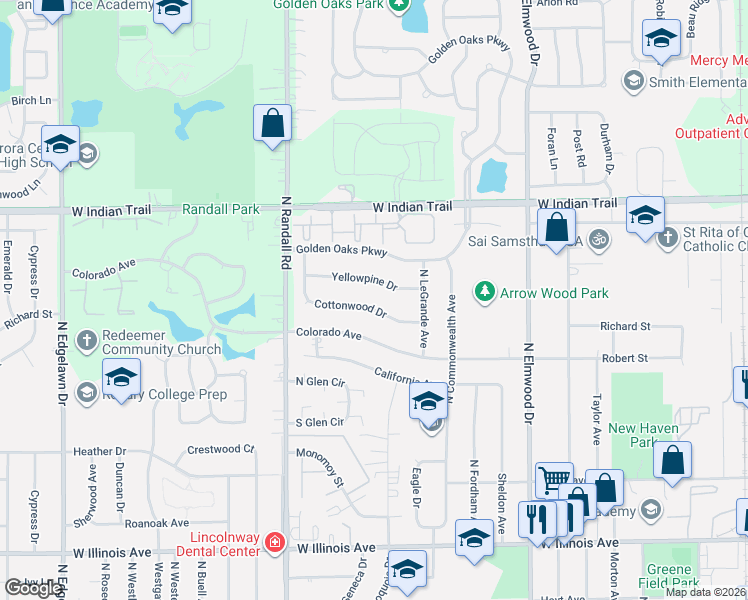 map of restaurants, bars, coffee shops, grocery stores, and more near 1257 Cottonwood Drive in Aurora