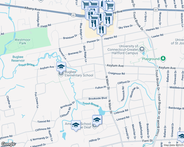 map of restaurants, bars, coffee shops, grocery stores, and more near 11 High Point Lane in West Hartford