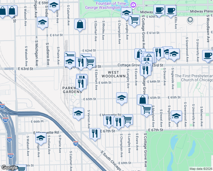 map of restaurants, bars, coffee shops, grocery stores, and more near 6415 South Rhodes Avenue in Chicago