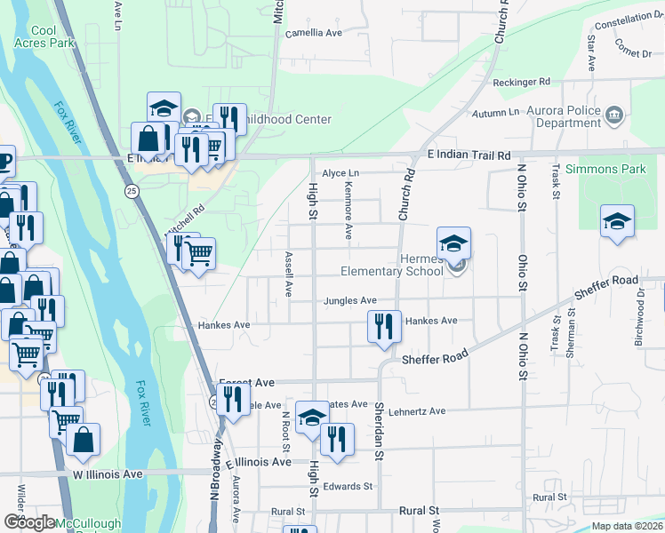 map of restaurants, bars, coffee shops, grocery stores, and more near 516 Pine Ave in Aurora