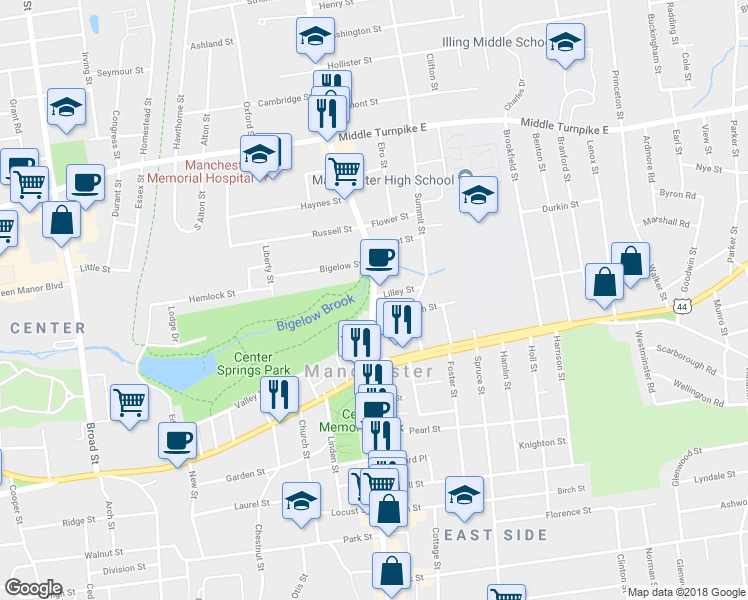 map of restaurants, bars, coffee shops, grocery stores, and more near 429 Main Street in Manchester