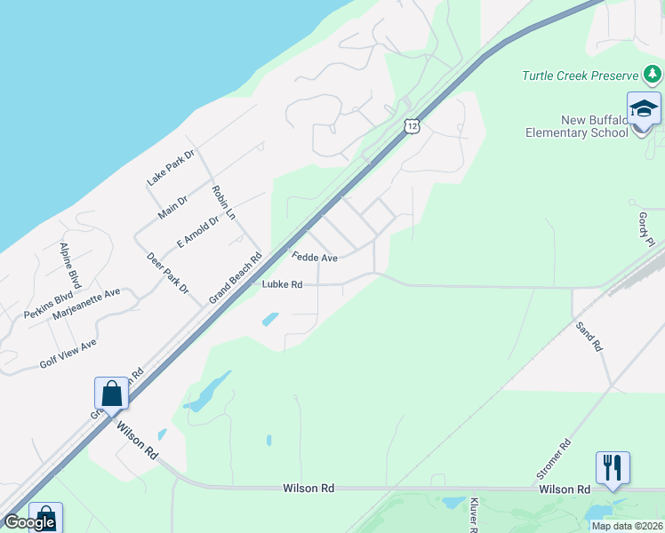 map of restaurants, bars, coffee shops, grocery stores, and more near 13153 Lubke Road in New Buffalo