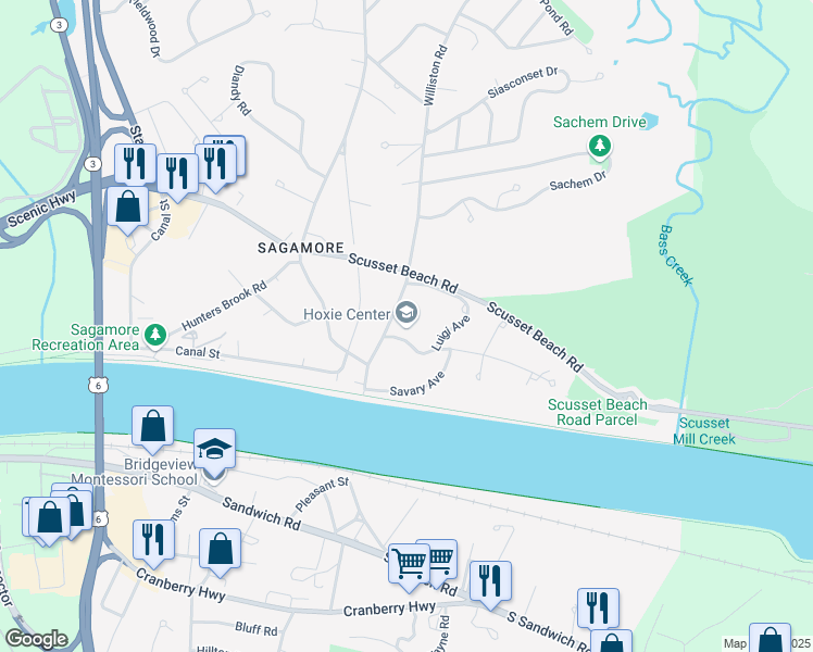 map of restaurants, bars, coffee shops, grocery stores, and more near 30 Williston Road in Bourne
