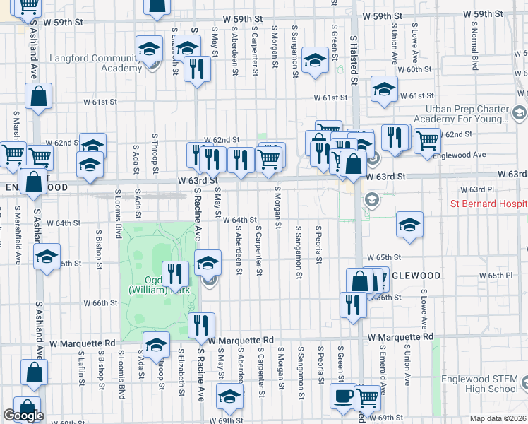 map of restaurants, bars, coffee shops, grocery stores, and more near 6358 South Carpenter Street in Chicago
