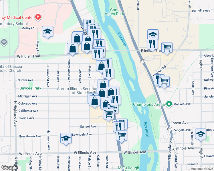 map of restaurants, bars, coffee shops, grocery stores, and more near 998 North Lake Street in Aurora