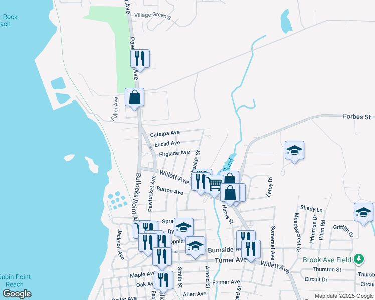 map of restaurants, bars, coffee shops, grocery stores, and more near 55 Firglade Avenue in East Providence