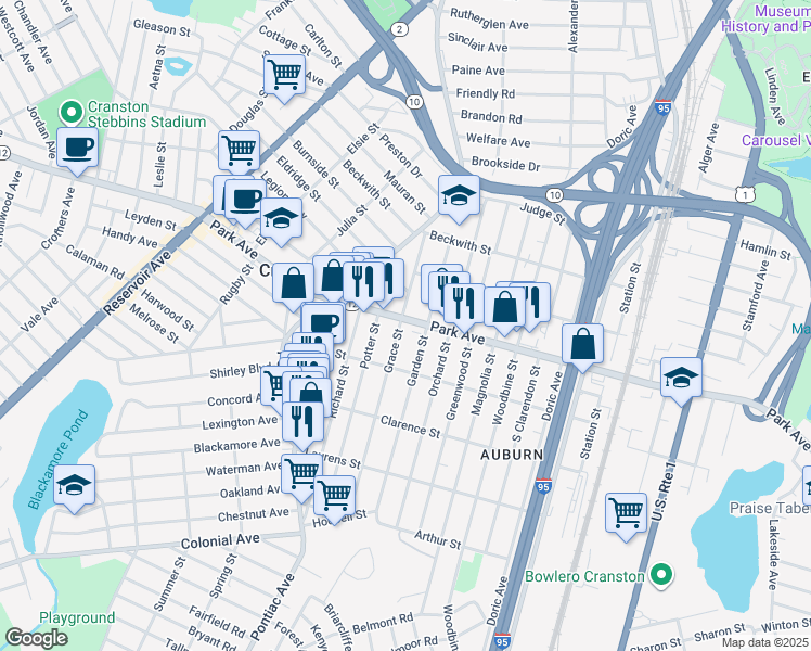 map of restaurants, bars, coffee shops, grocery stores, and more near 90 Grace Street in Cranston
