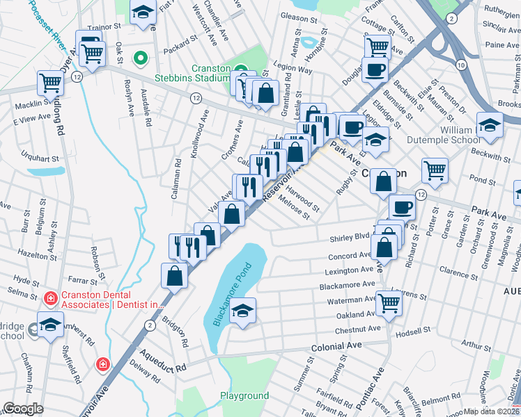 map of restaurants, bars, coffee shops, grocery stores, and more near 65 Hazelwood Street in Cranston