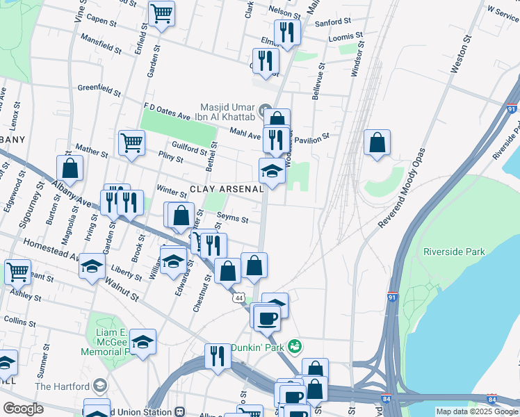 map of restaurants, bars, coffee shops, grocery stores, and more near 1713 Main Street in Hartford