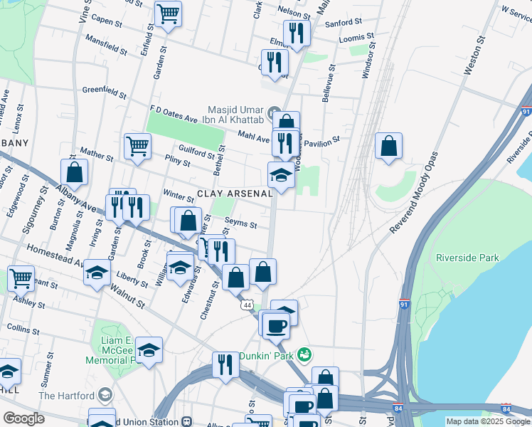 map of restaurants, bars, coffee shops, grocery stores, and more near 1713 Main Street in Hartford