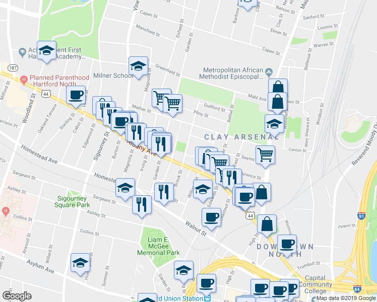 map of restaurants, bars, coffee shops, grocery stores, and more near 118 Fairmount Street in Hartford