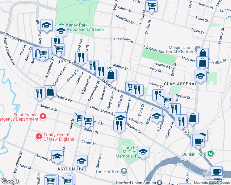 map of restaurants, bars, coffee shops, grocery stores, and more near 605 Albany Avenue in Hartford