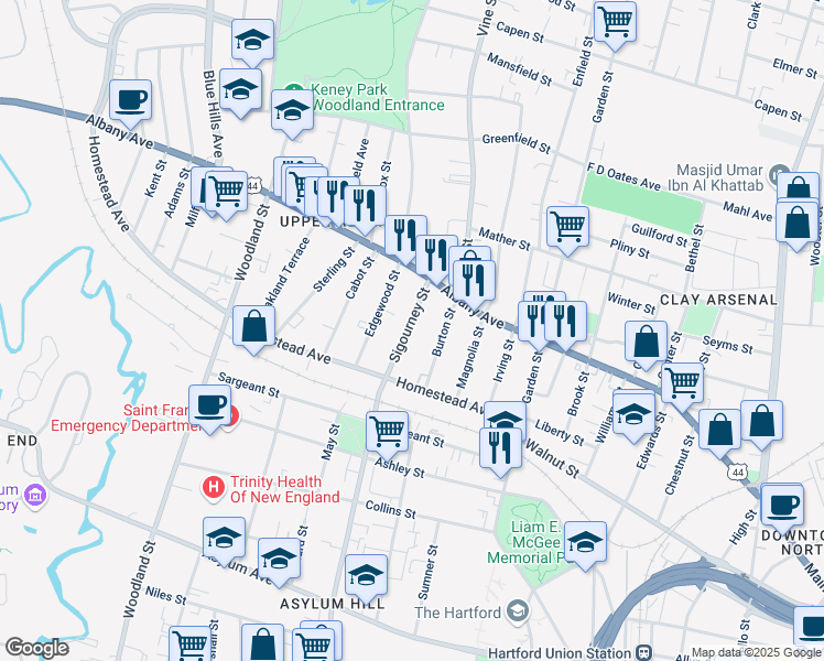 map of restaurants, bars, coffee shops, grocery stores, and more near 43 Burton Street in Hartford