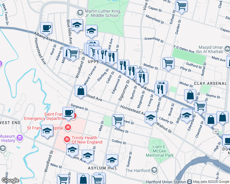 map of restaurants, bars, coffee shops, grocery stores, and more near 365 Sigourney Street in Hartford