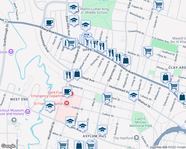 map of restaurants, bars, coffee shops, grocery stores, and more near 188 Homestead Avenue in Hartford