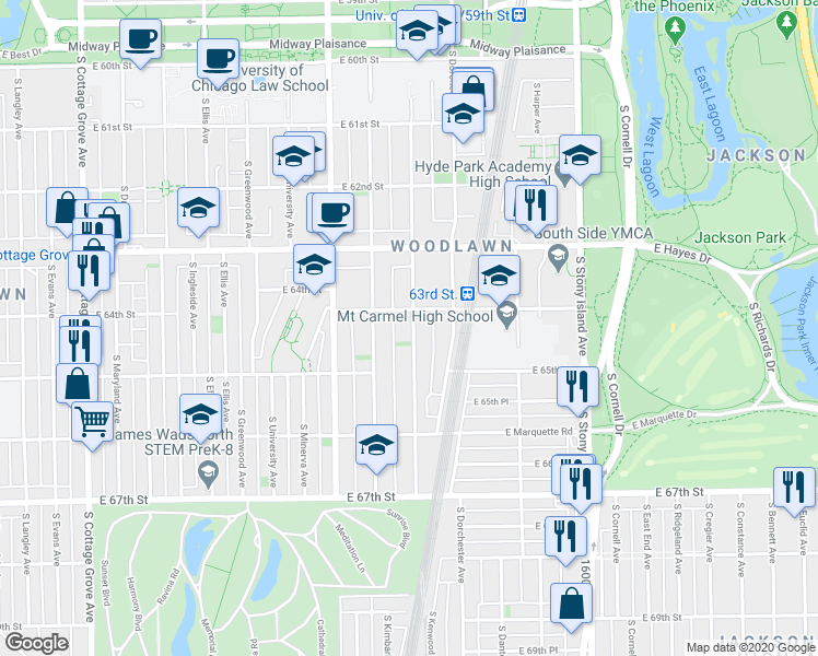 map of restaurants, bars, coffee shops, grocery stores, and more near 6423 South Kenwood Avenue in Chicago