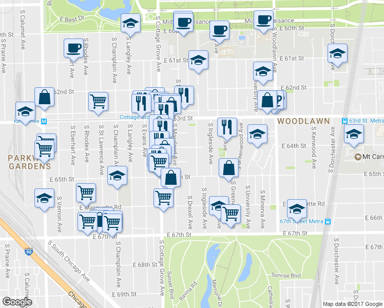map of restaurants, bars, coffee shops, grocery stores, and more near 6418 South Drexel Avenue in Chicago