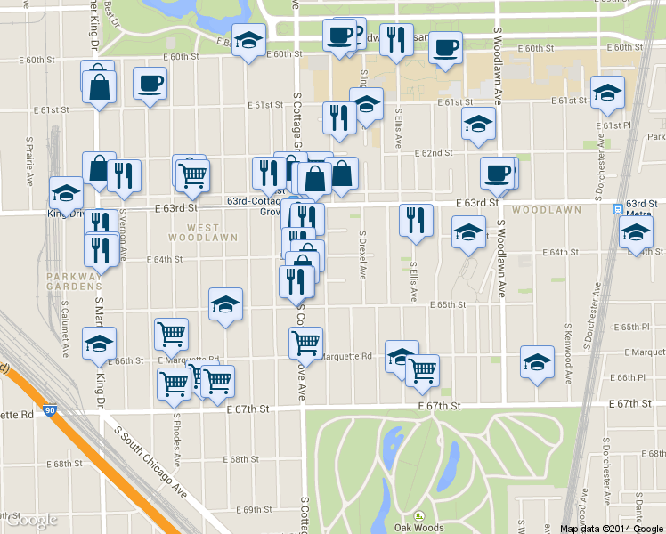 map of restaurants, bars, coffee shops, grocery stores, and more near 6452 South Maryland Avenue in Chicago