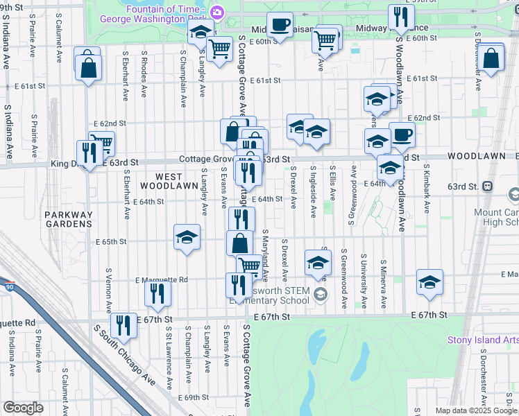 map of restaurants, bars, coffee shops, grocery stores, and more near 6452 South Maryland Avenue in Chicago