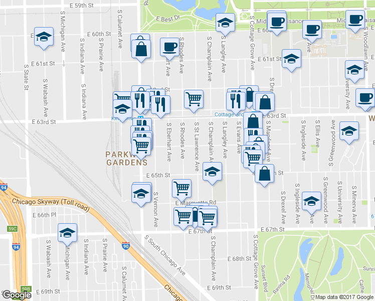 map of restaurants, bars, coffee shops, grocery stores, and more near 6415 South Rhodes Avenue in Chicago