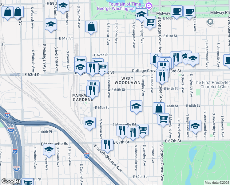 map of restaurants, bars, coffee shops, grocery stores, and more near 6415 South Rhodes Avenue in Chicago