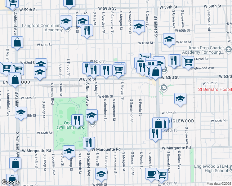 map of restaurants, bars, coffee shops, grocery stores, and more near 6358 South Carpenter Street in Chicago