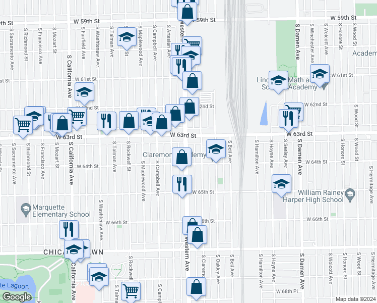 map of restaurants, bars, coffee shops, grocery stores, and more near 6340 South Western Avenue in Chicago